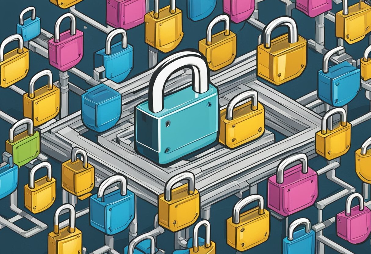 A padlock surrounded by layers of shields and barriers, with smaller locks nested inside, symbolizing encapsulation and data security in OOP inheritance