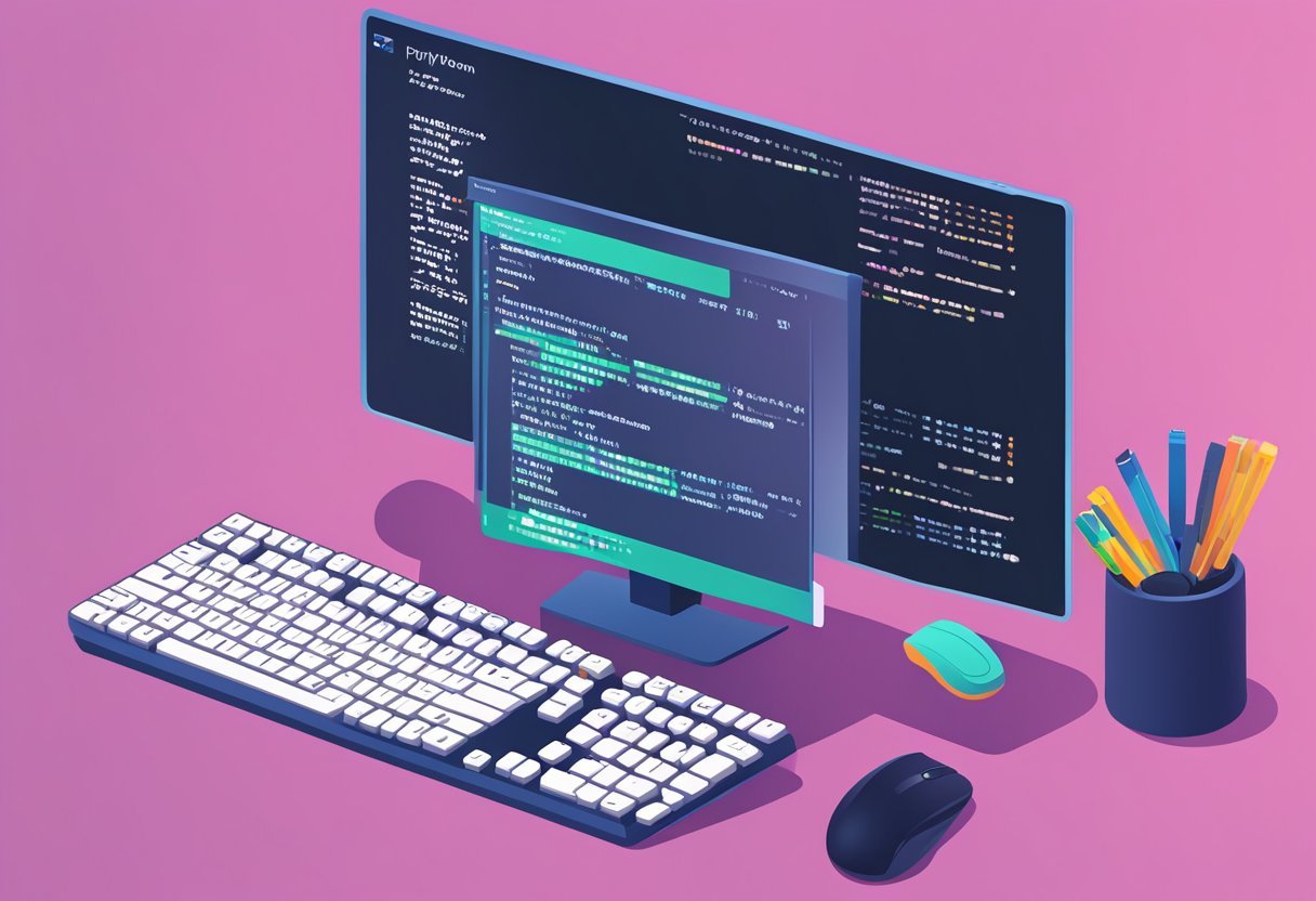 A computer screen displaying Python code for a news retrieval program, with a keyboard and mouse nearby