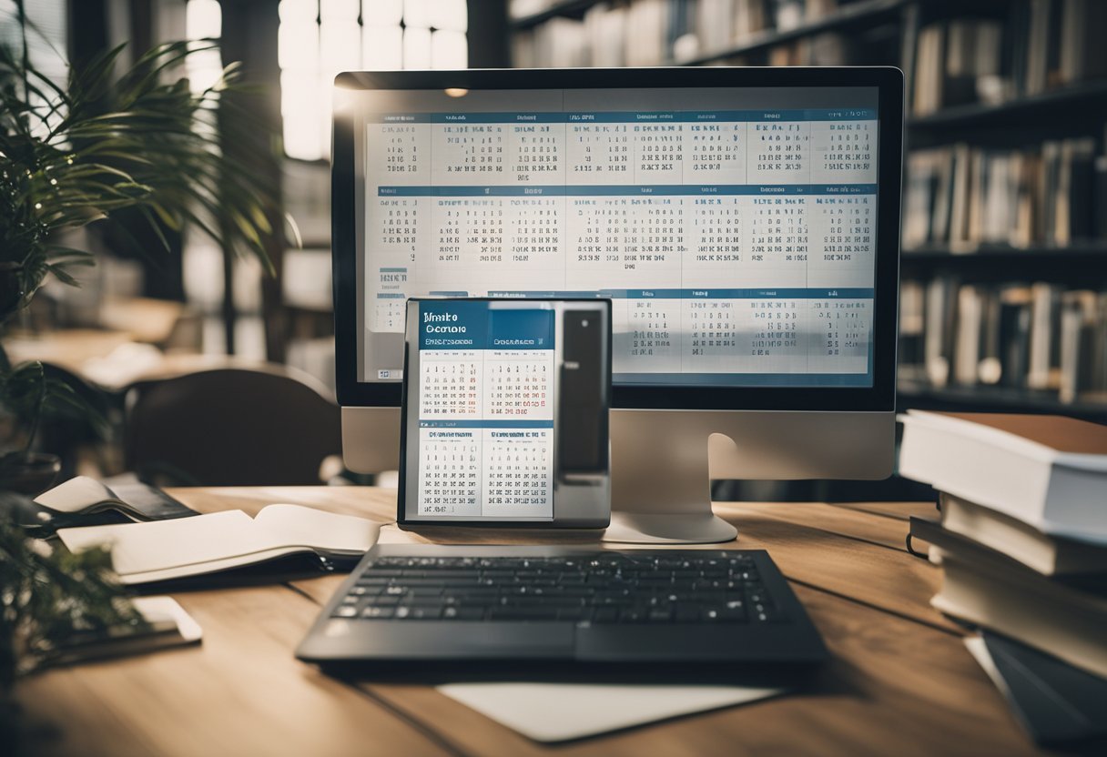 A calendar with dates and data tables surrounded by books and computer screens