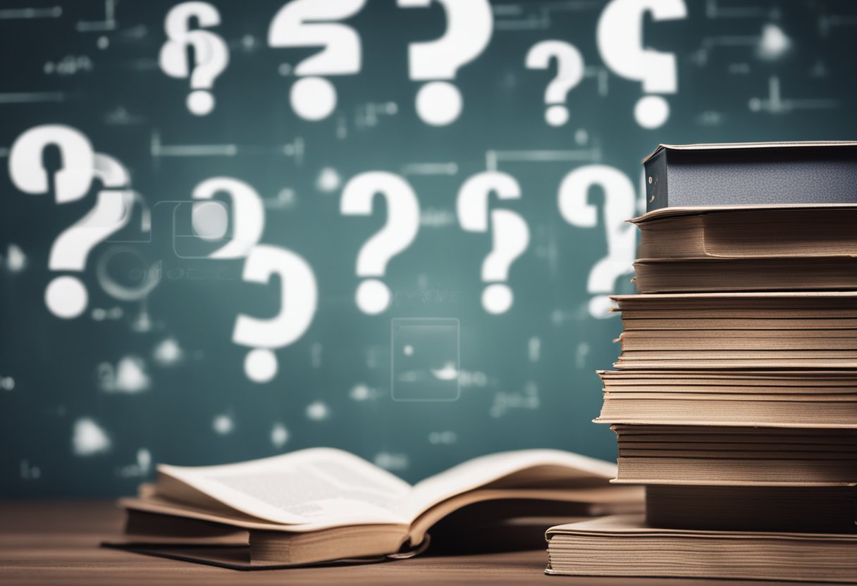 A stack of books on statistics surrounded by question marks and data charts