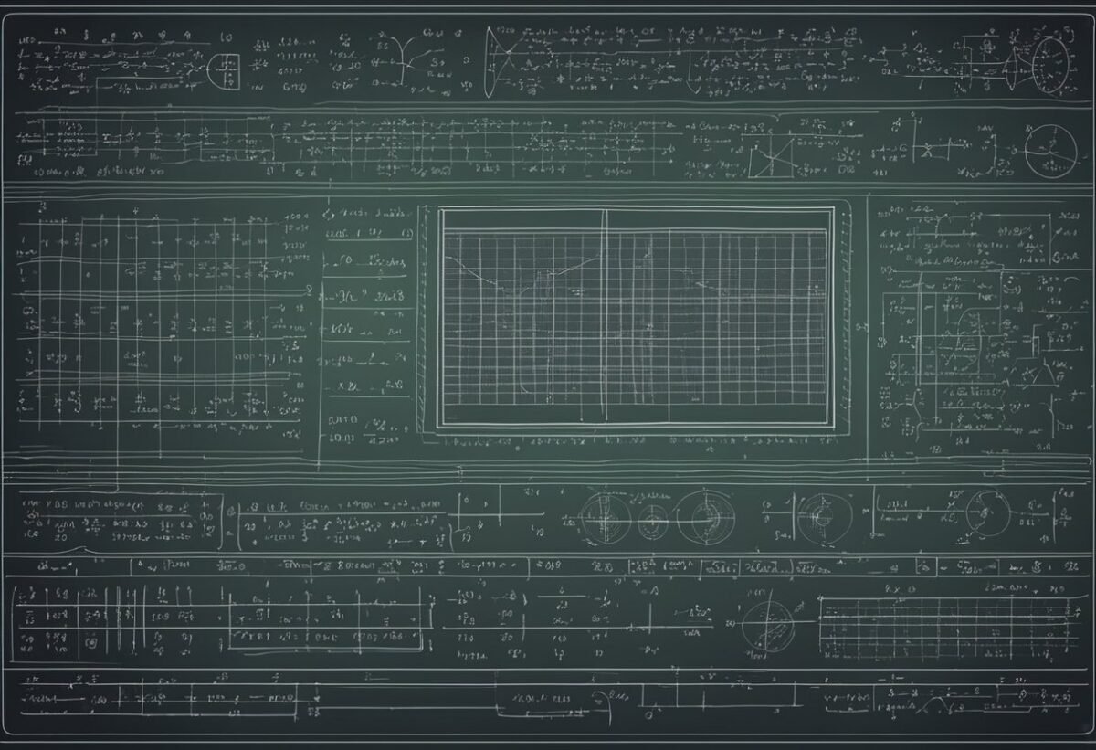 A chalkboard filled with complex linear algebra equations and diagrams