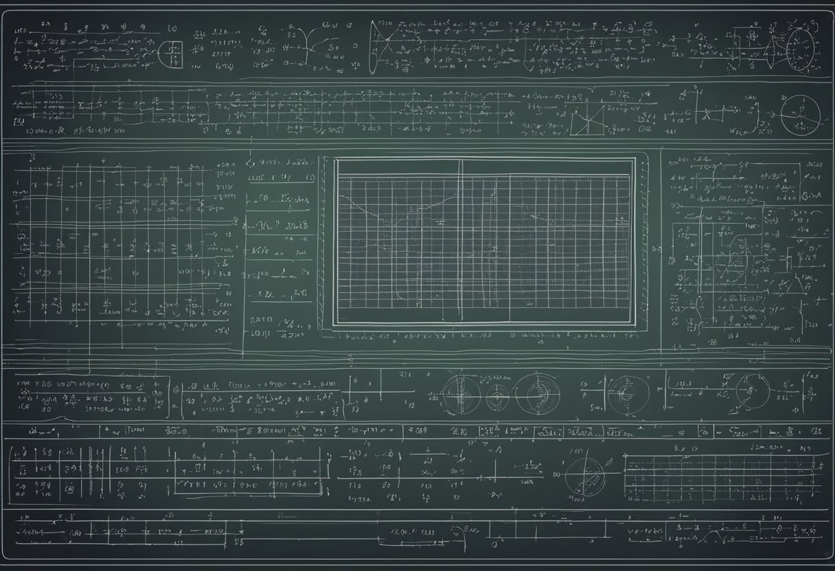 A chalkboard filled with complex linear algebra equations and diagrams