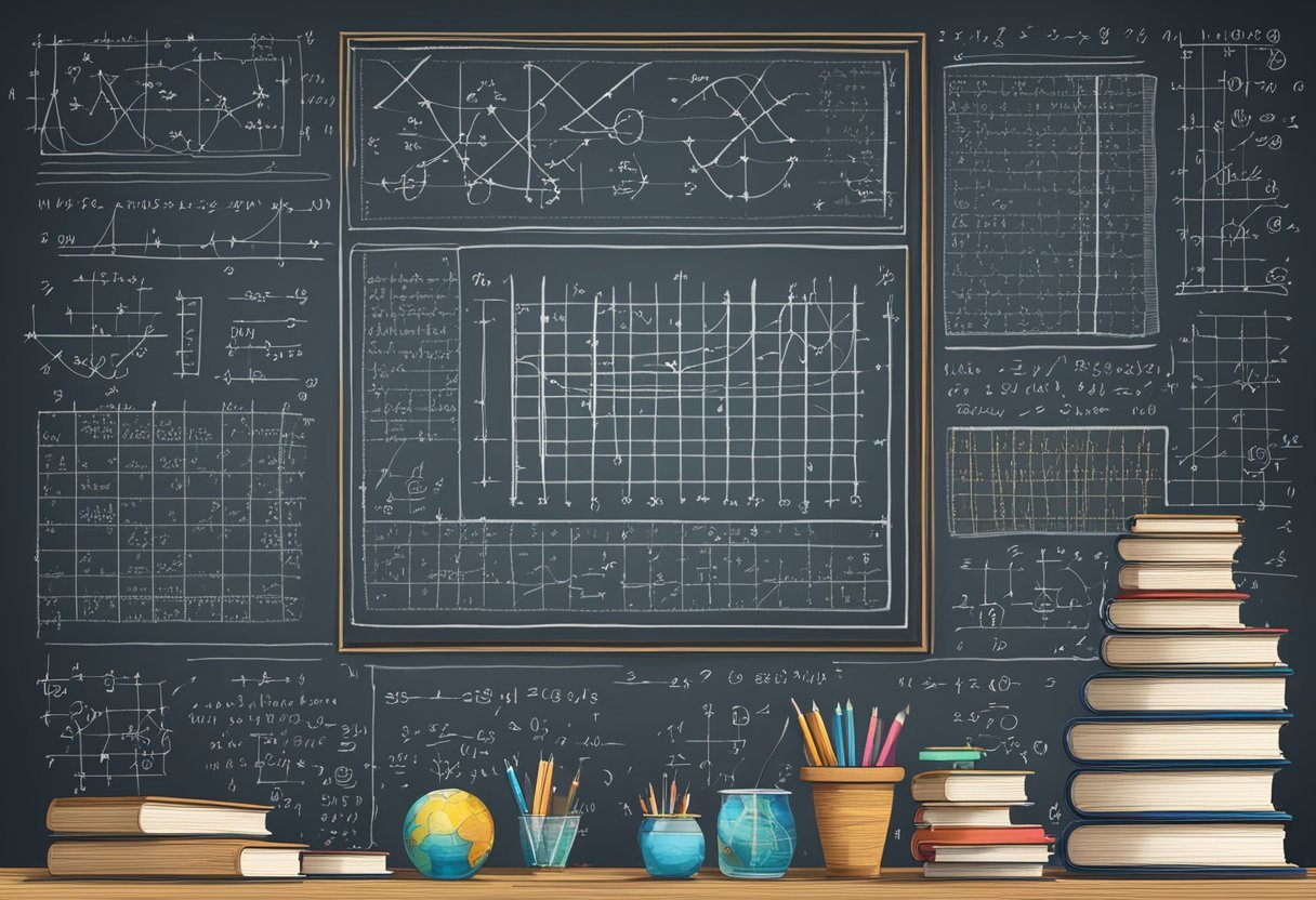 A chalkboard filled with mathematical equations and graphs, surrounded by books on linear algebra and data science