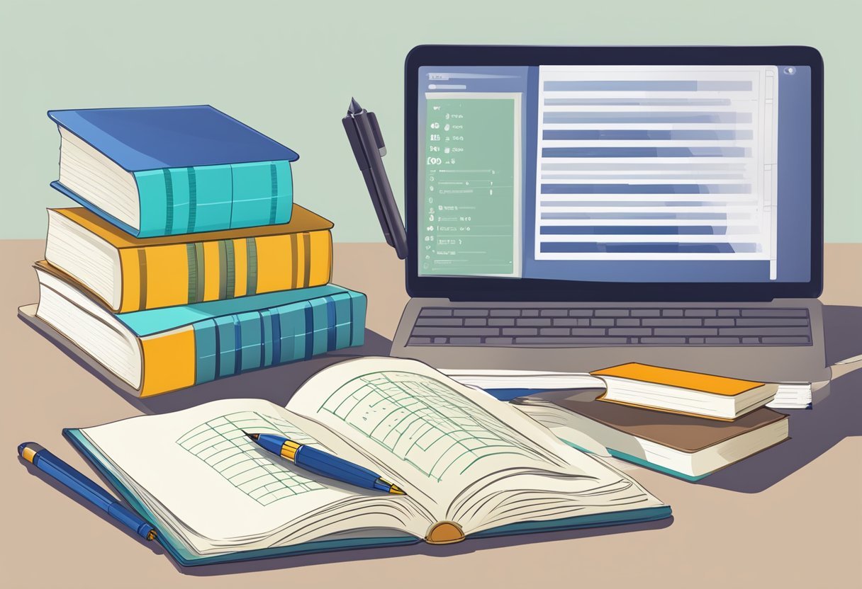 A stack of books on linear algebra with a computer displaying data analysis. A pen and notebook sit nearby