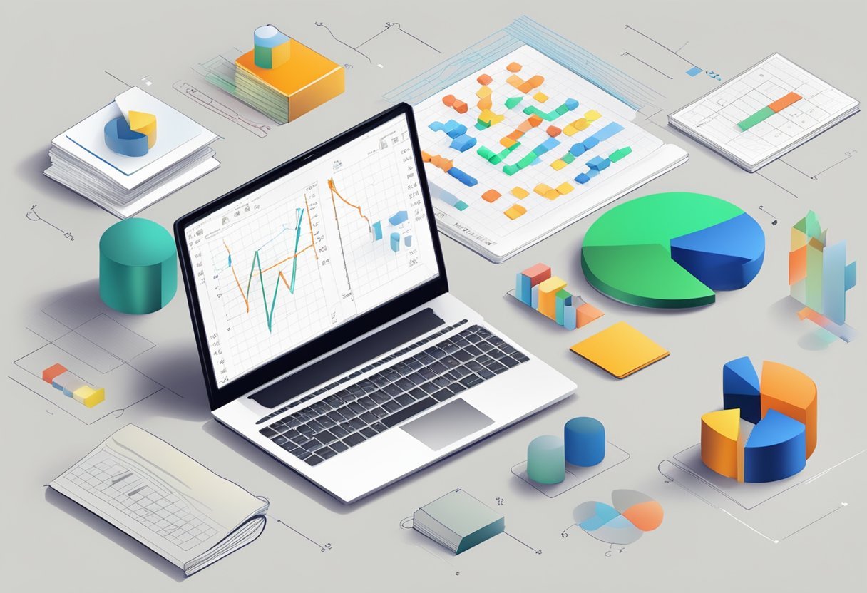A table with mathematical symbols and diagrams, a computer with data science software, and a book on combinatorics