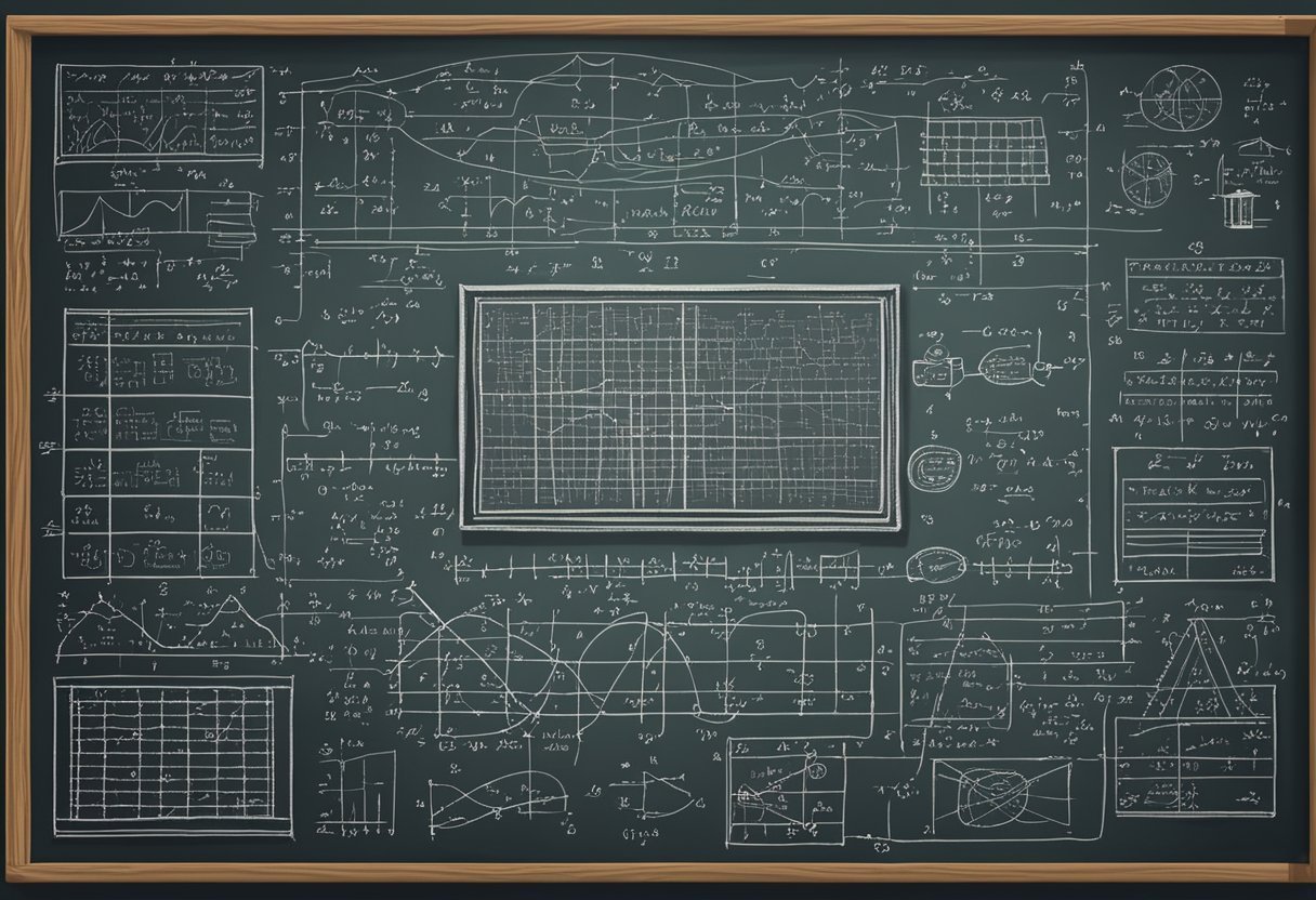 A chalkboard filled with equations and diagrams related to combinatorics, surrounded by books and notebooks on algebra and data science