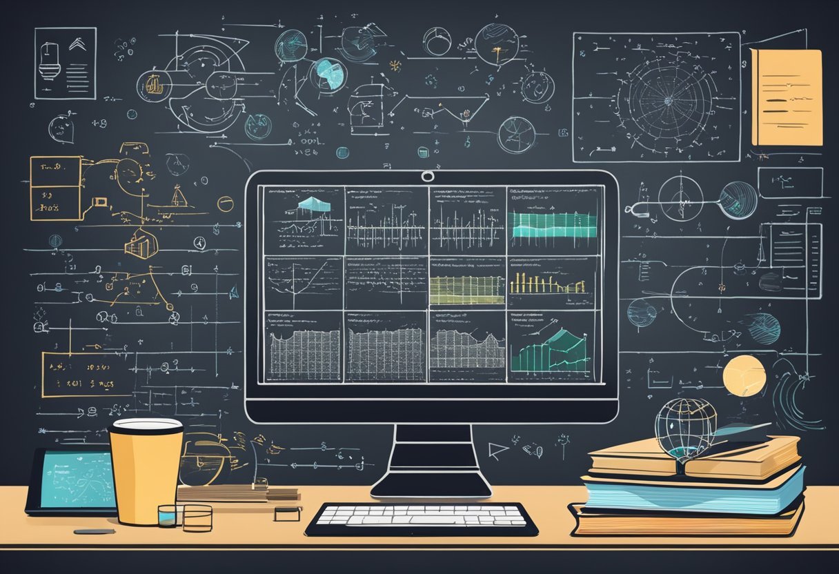 A chalkboard filled with combinatorics equations and diagrams, surrounded by books and a laptop displaying data science concepts