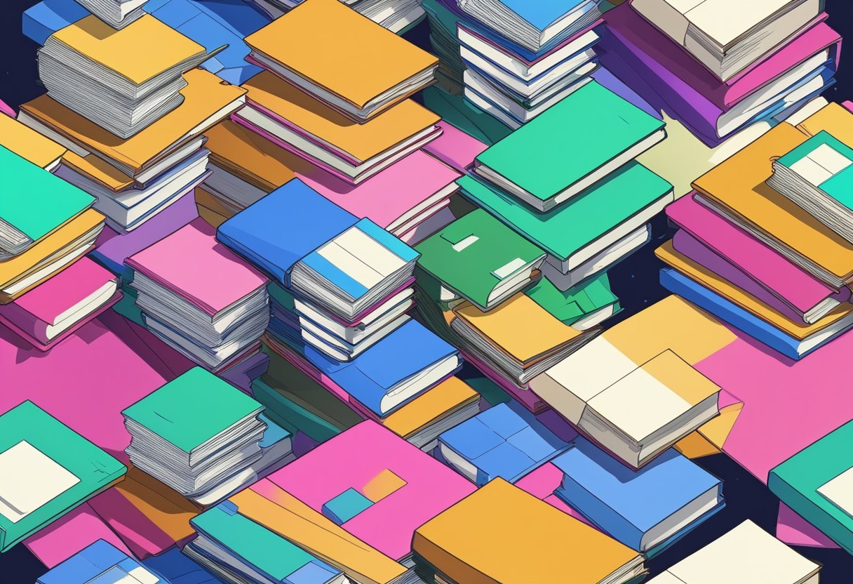 A stack of math books surrounded by computer code and data visualizations