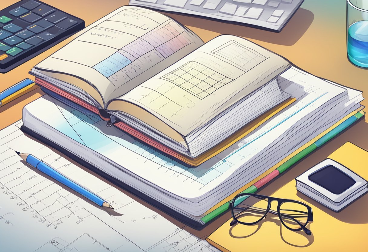 A stack of math books with open pages, a notebook with formulas, and a computer screen showing data analysis