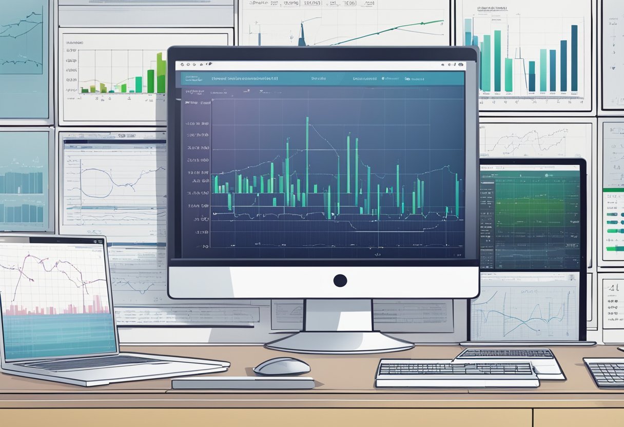 A computer screen displaying various data distribution graphs with mathematical equations and algorithm flowcharts in the background