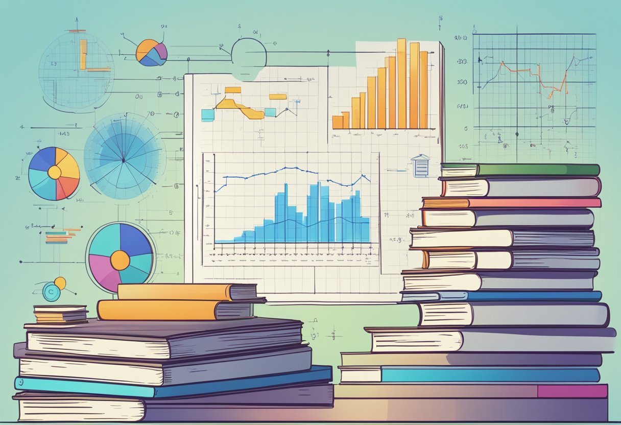 A stack of math textbooks surrounded by data distribution charts and graphs