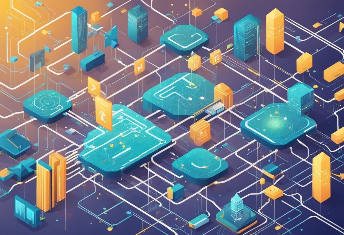 A complex network of interconnected nodes and data points, with arrows representing the flow of information, surrounded by futuristic symbols and graphics