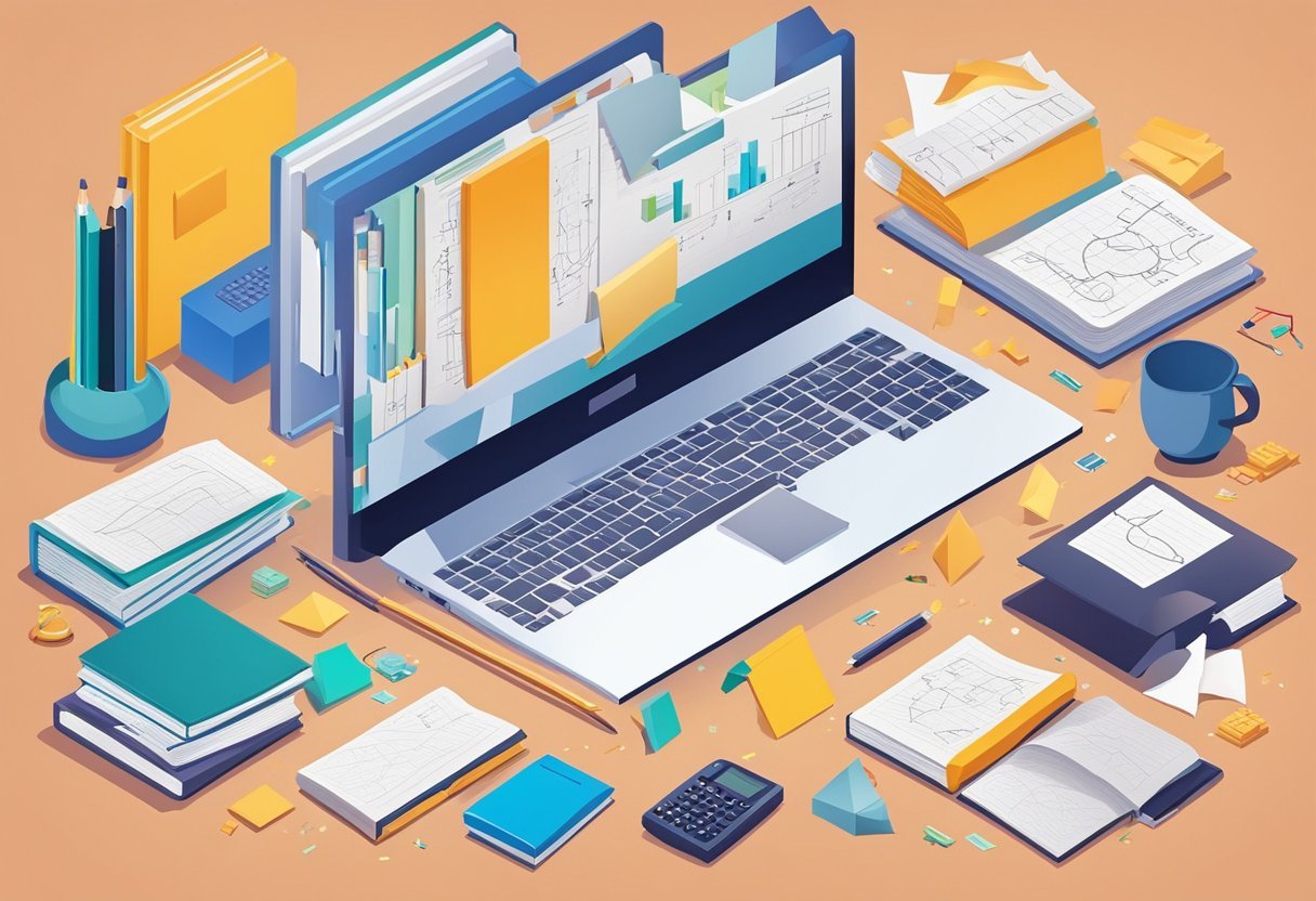 A collection of math books and computer equipment arranged on a desk, with papers and notes scattered around