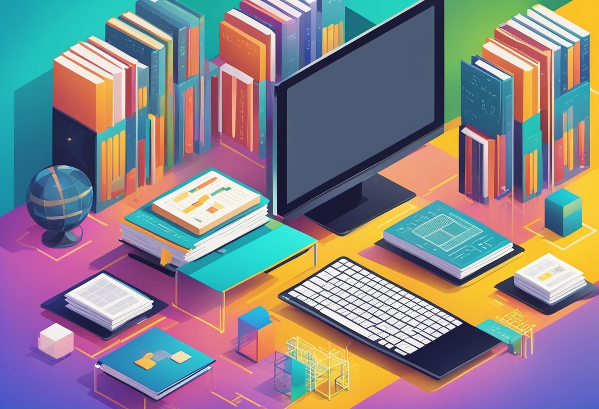 A computer screen displaying code and mathematical equations, surrounded by books on computer science and math