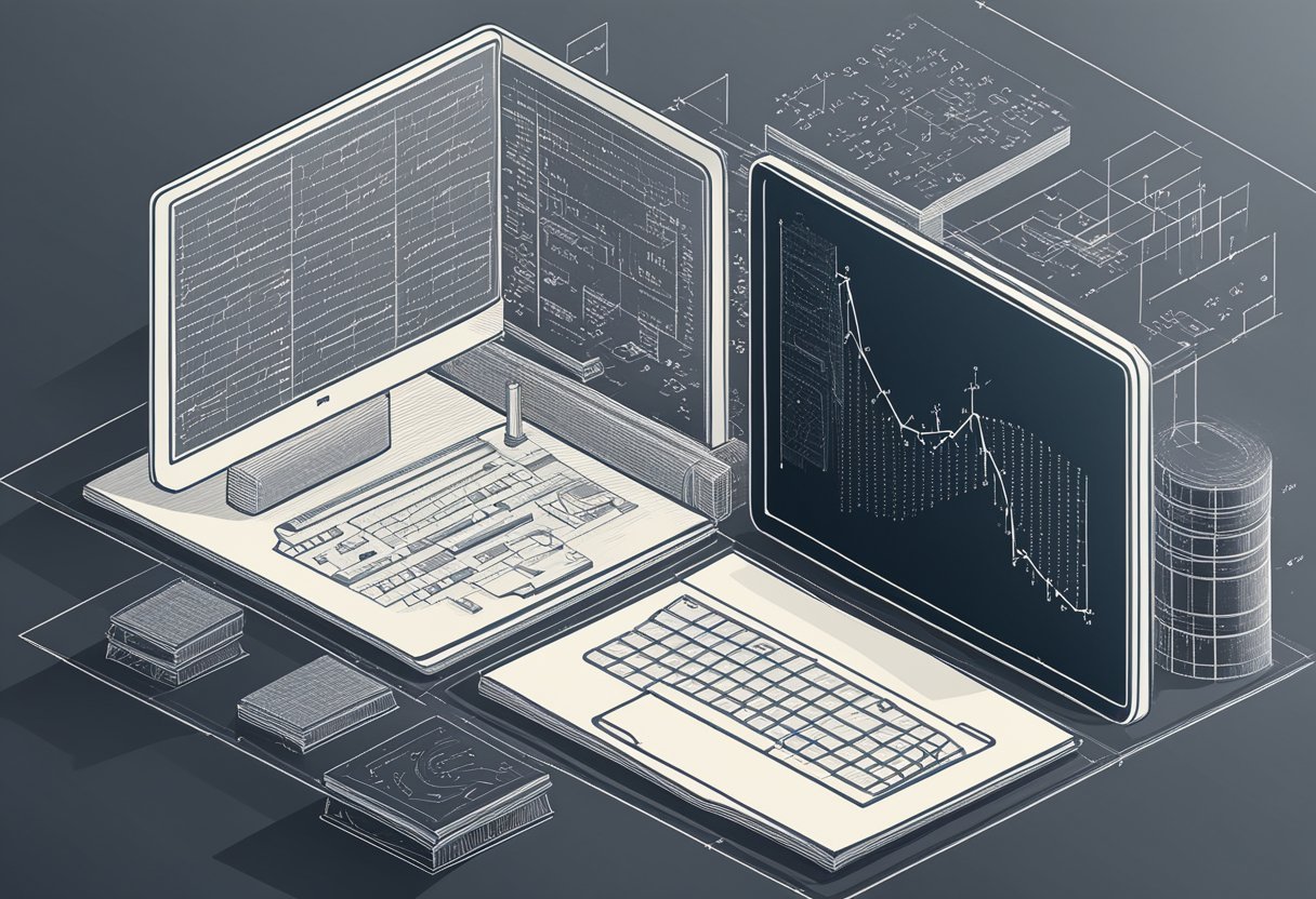 A chalkboard with mathematical equations and graphs, a computer displaying machine learning algorithms, and a book on integral calculus