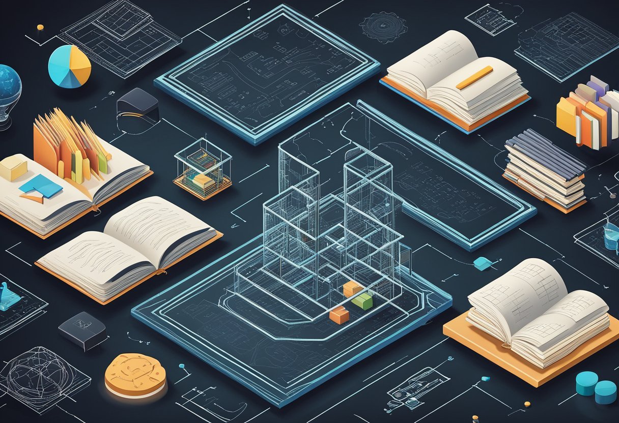 A chalkboard filled with equations and graphs related to optimization algorithms and integral calculus, surrounded by books and papers on deep learning and math for machine learning