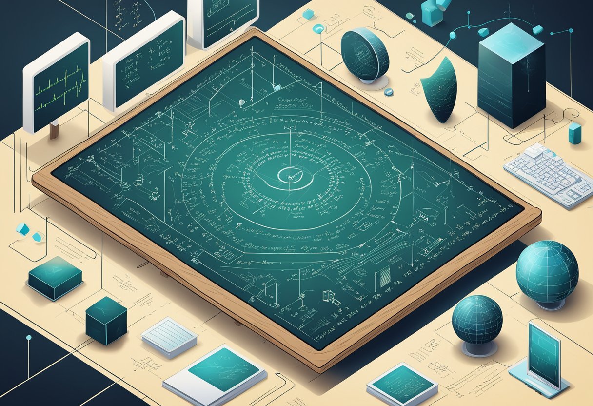 A chalkboard filled with equations and graphs related to probability theory and integral calculus, with a focus on machine learning applications