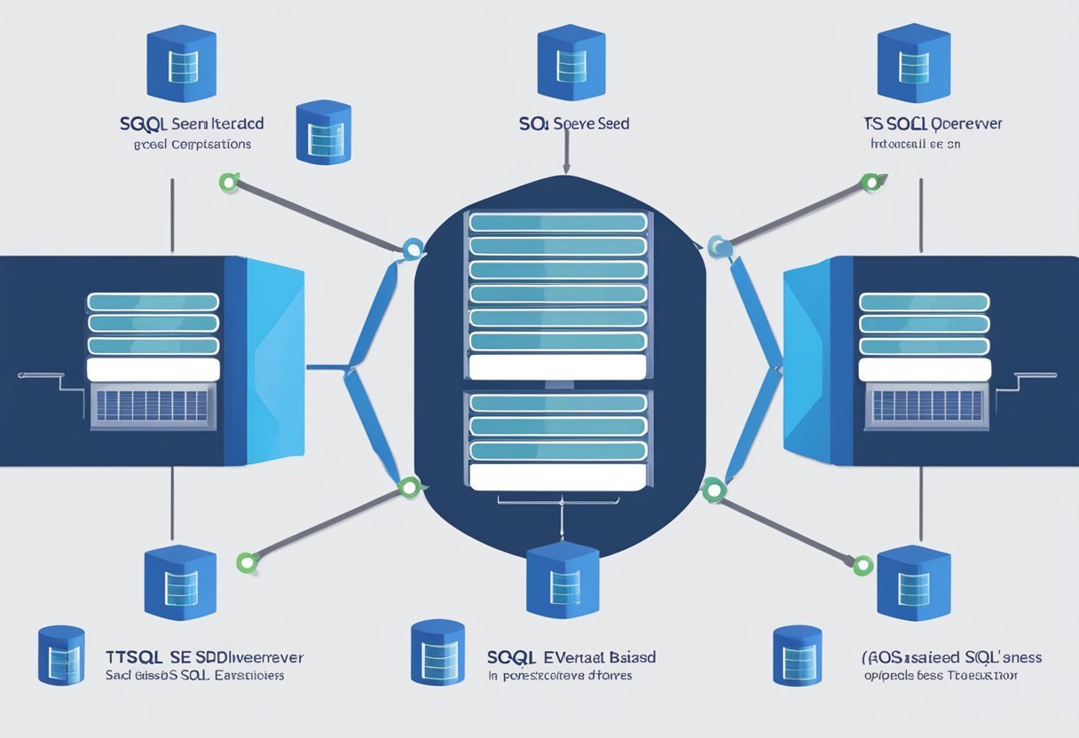A series of evolving SQL Server versions with specific features, contrasting row-based and set-based T-SQL operations
