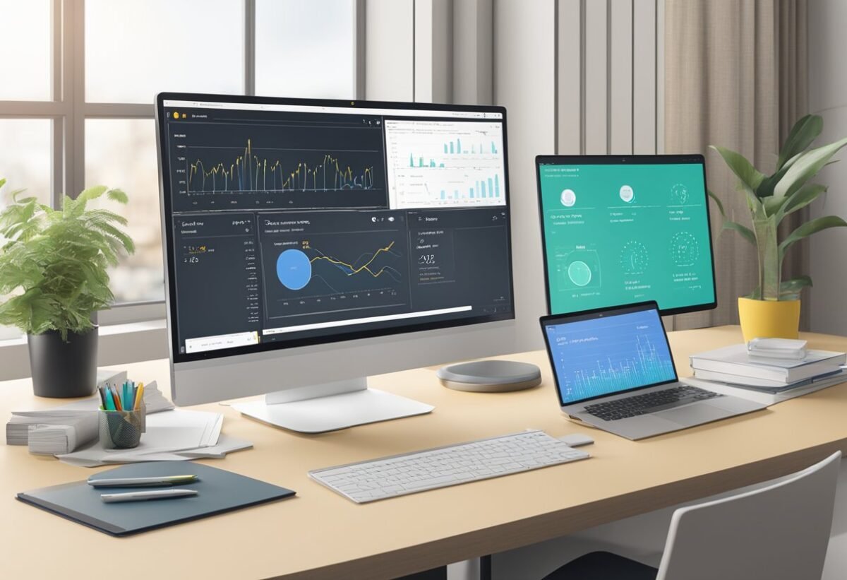 A computer screen showing a Power BI dashboard with DAX code and scalar functions displayed, surrounded by reference materials and a notebook