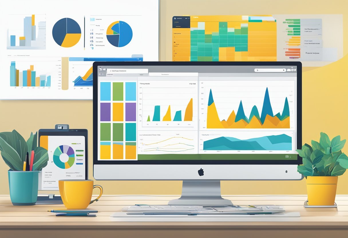 A computer screen displaying a Power BI dashboard with various charts and graphs, surrounded by notebooks, pens, and a cup of coffee