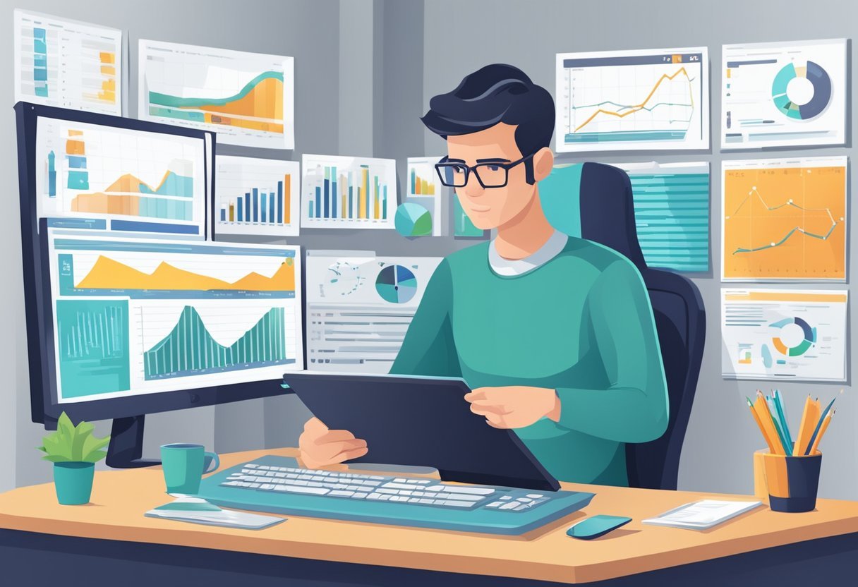 A person working at a computer, surrounded by charts and graphs, analyzing data for performance tuning