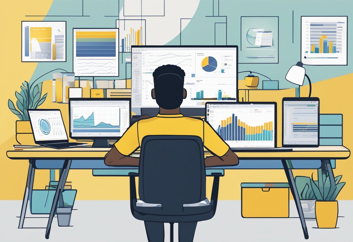 A person at a desk with a computer, accessing various data sources and shaping data in a Power BI learning module