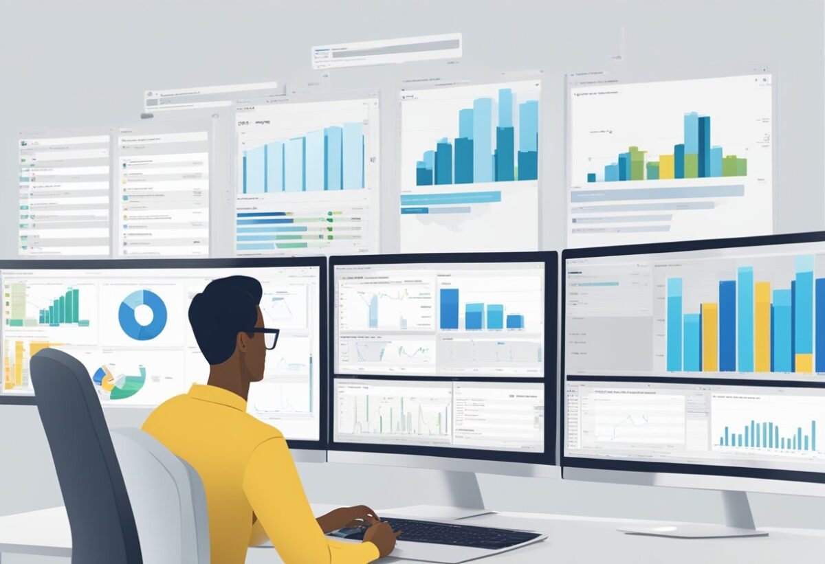 A person using a computer to set up row-level security in Power BI, with various data sources and visualizations on the screen