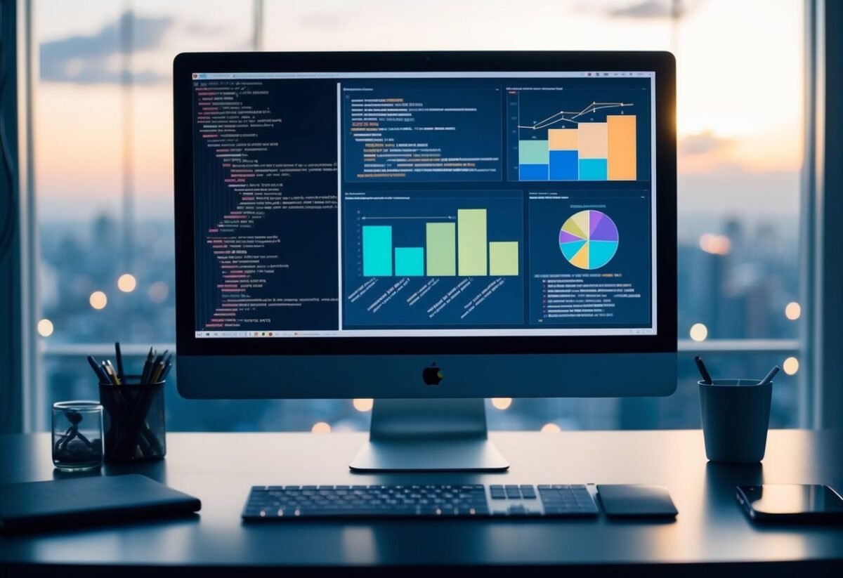 A computer screen with lines of code, a database diagram, and a machine learning model chart displayed on a desk