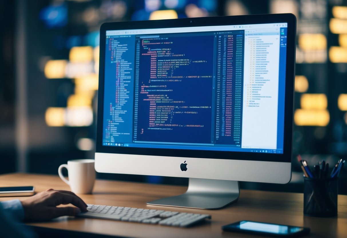 A computer screen displaying SQL code, with data tables and machine learning algorithms in the background