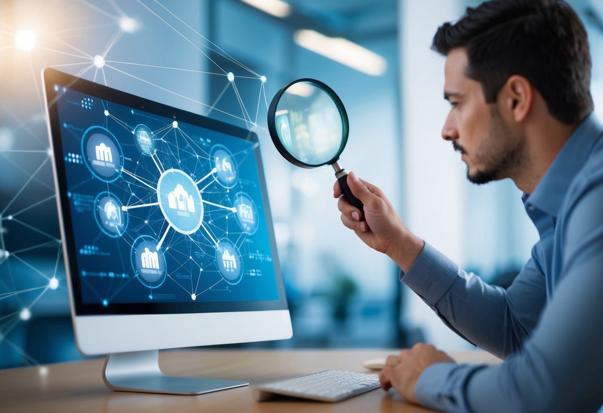 A person using a magnifying glass to examine a complex network of interconnected data points and charts on a computer screen