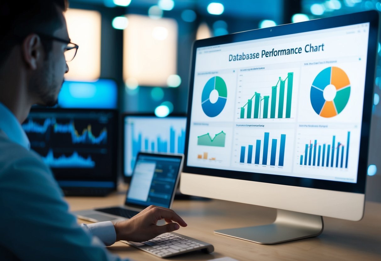 A person analyzing a database performance chart with various data points and graphs displayed on a computer screen