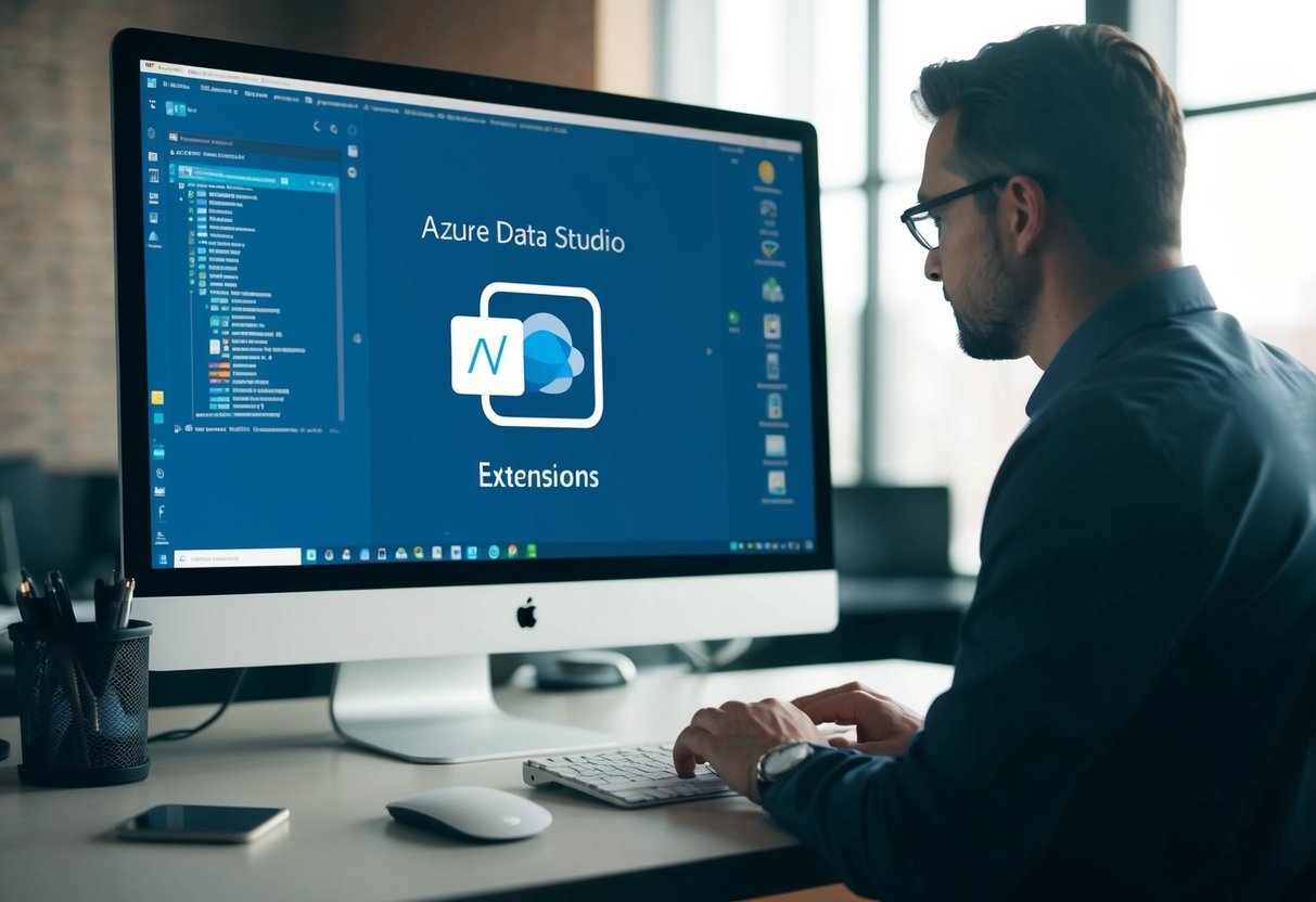 A desk with a computer monitor displaying azure data studio extensions. Various tools and administrative features are visible on the screen