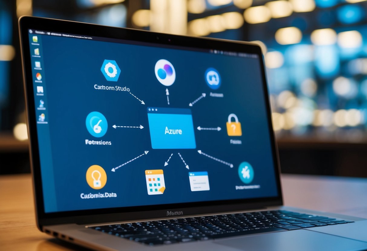 A laptop screen displaying various icons and tools for customization and productivity enhancements in Azure Data Studio extensions
