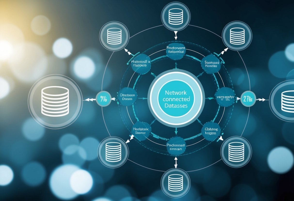 A network of interconnected databases with varying sizes, some expanding while others remain static, being analyzed for potential optimization opportunities