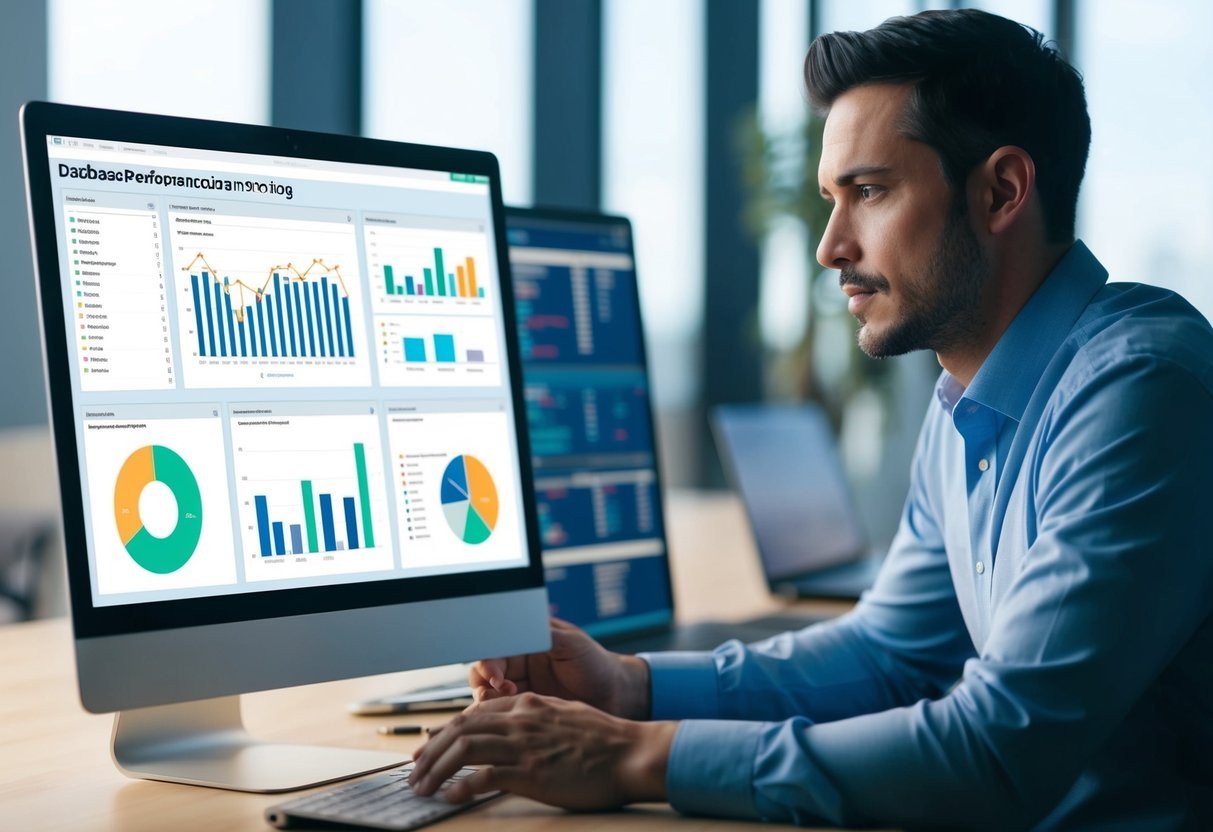 A computer screen displaying a database performance monitoring tool with various charts and graphs, alongside a person analyzing the data with a focused expression