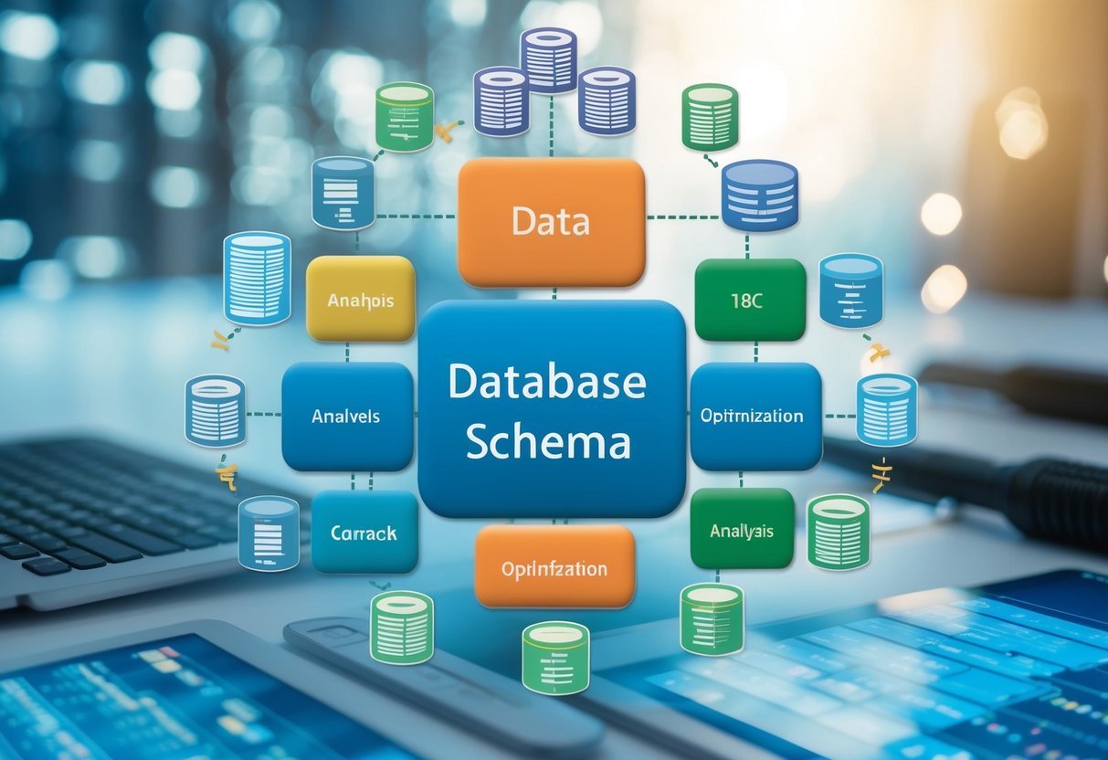A database schema with various tables and relationships, surrounded by data analysis tools and optimization algorithms