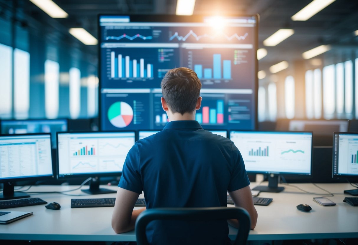 A person studying a large database, surrounded by charts, graphs, and computer screens, searching for optimization opportunities