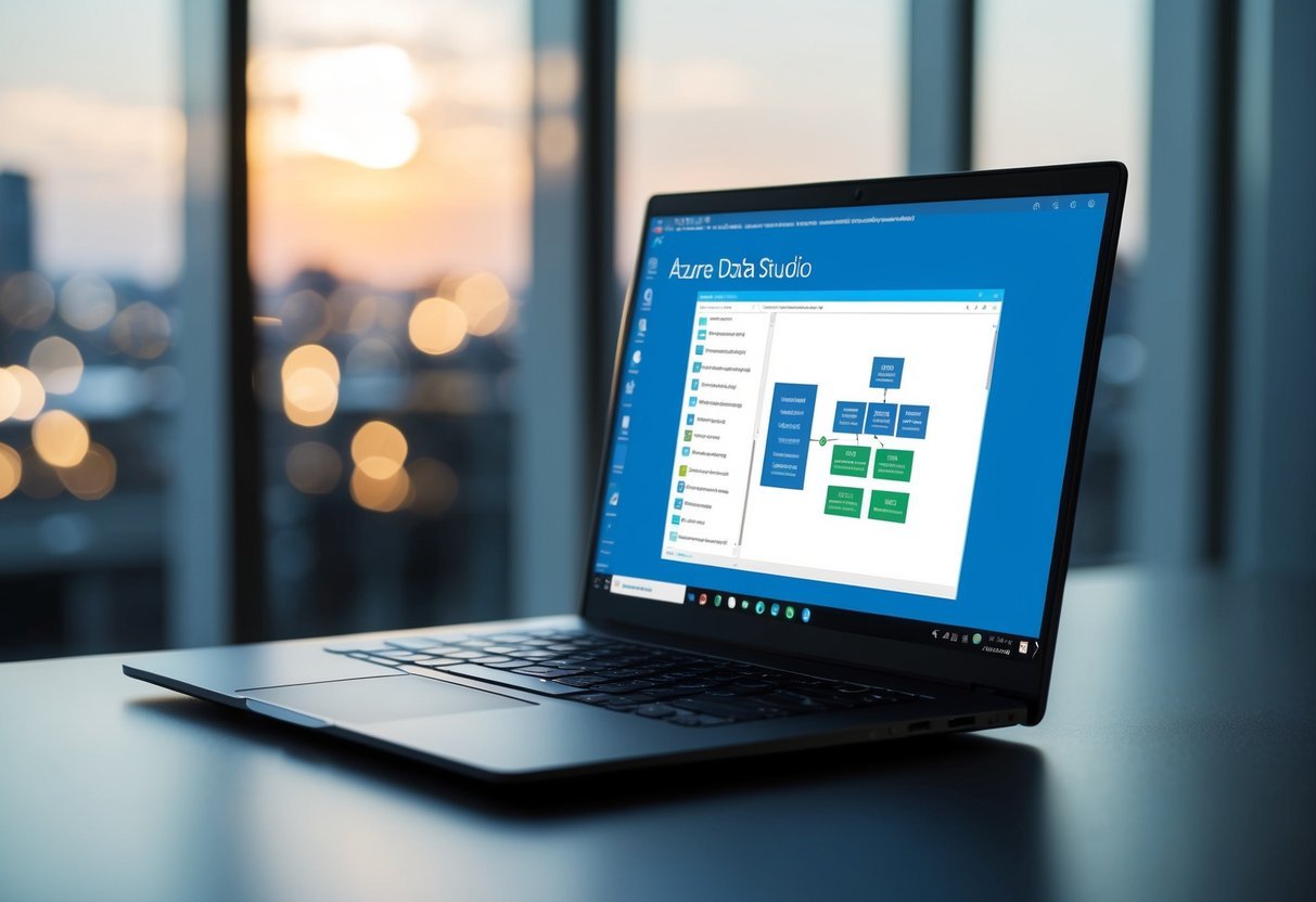 An open laptop displaying Azure Data Studio with a connected SQL Server Integration Services diagram on the screen
