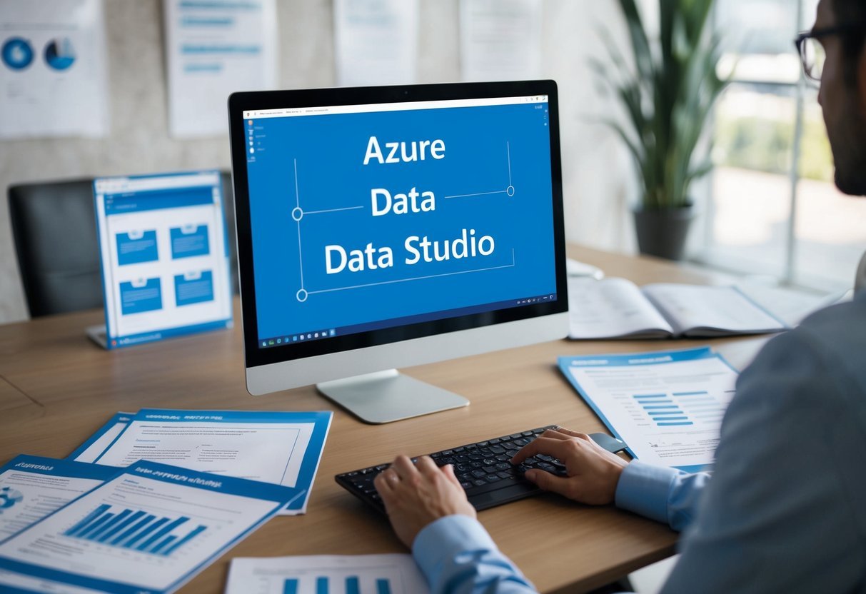 A person using Azure Data Studio, surrounded by FAQ documents and diagrams