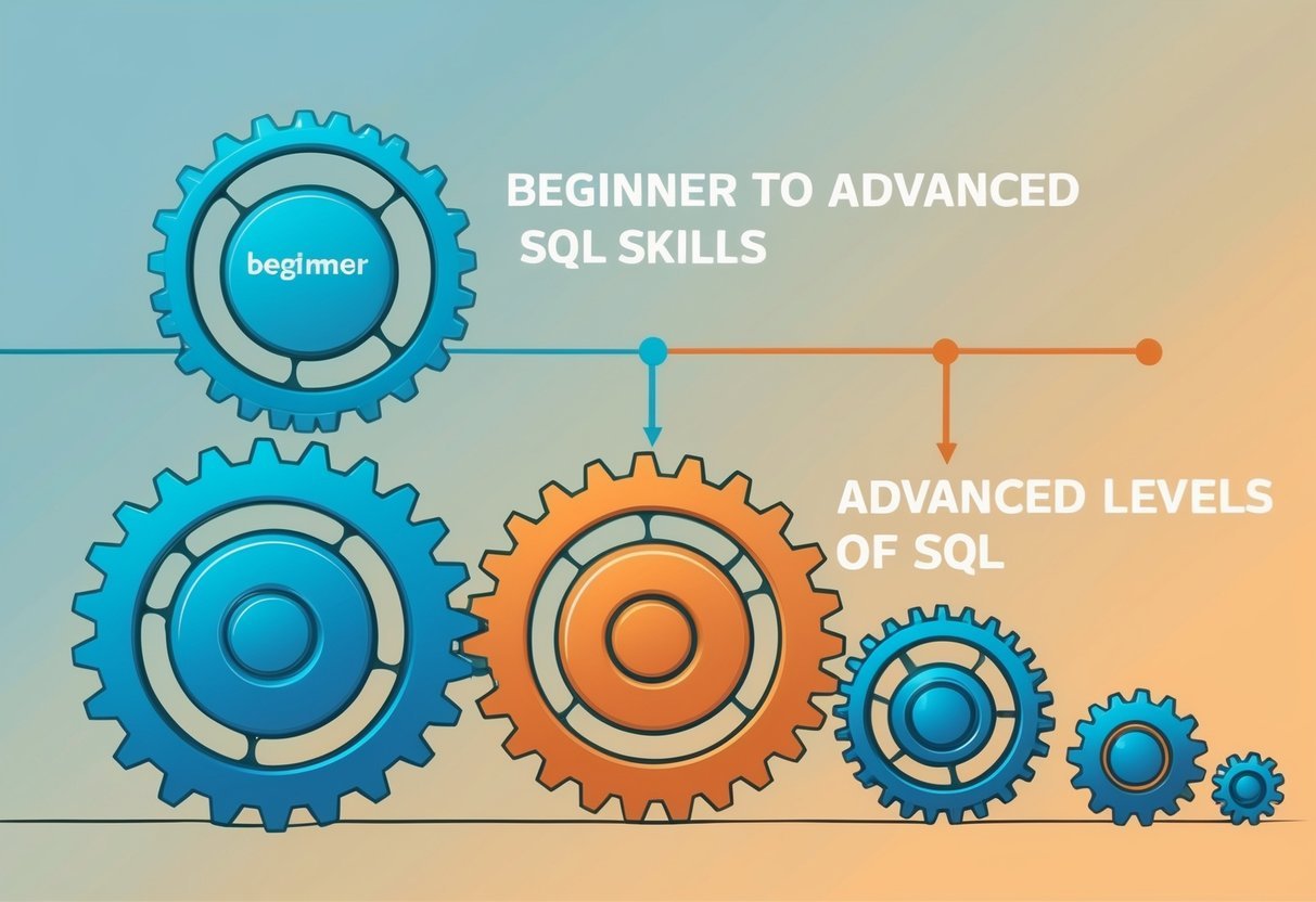 A series of interconnected gears representing the progression from beginner to advanced levels of SQL skills