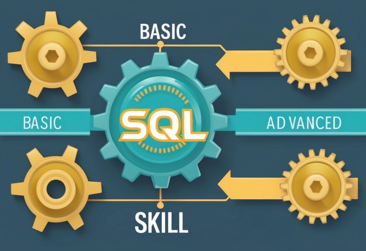 A series of interconnected gears representing SQL skill levels, ranging from basic to advanced, with data manipulation and transaction control as the central focus