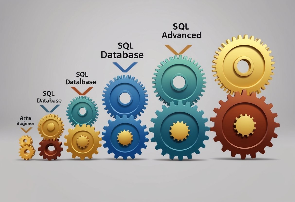 A series of interconnected gears, ranging in size and complexity, symbolizing the progression from beginner to advanced SQL database design skills