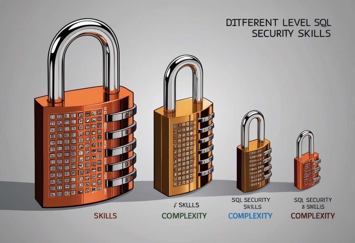 A series of interconnected locks of varying complexity, symbolizing different levels of SQL security skills