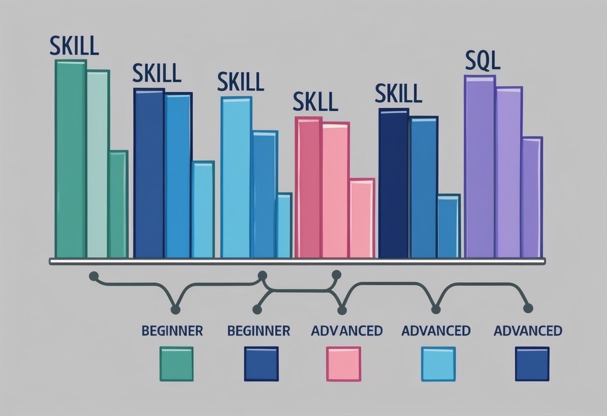 A series of interconnected bar graphs representing skill levels in SQL, ranging from beginner to advanced