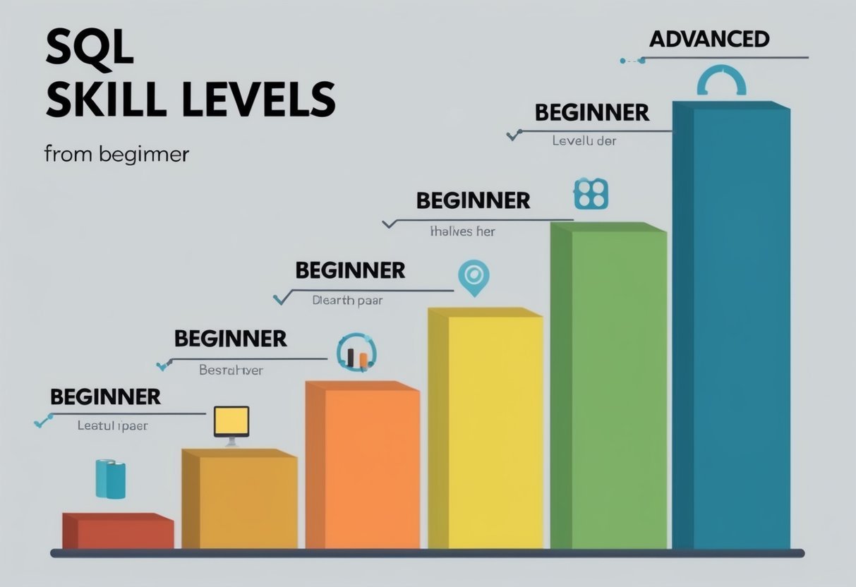 A series of SQL skill levels progressing from beginner to advanced, depicted in a visual chart or graph