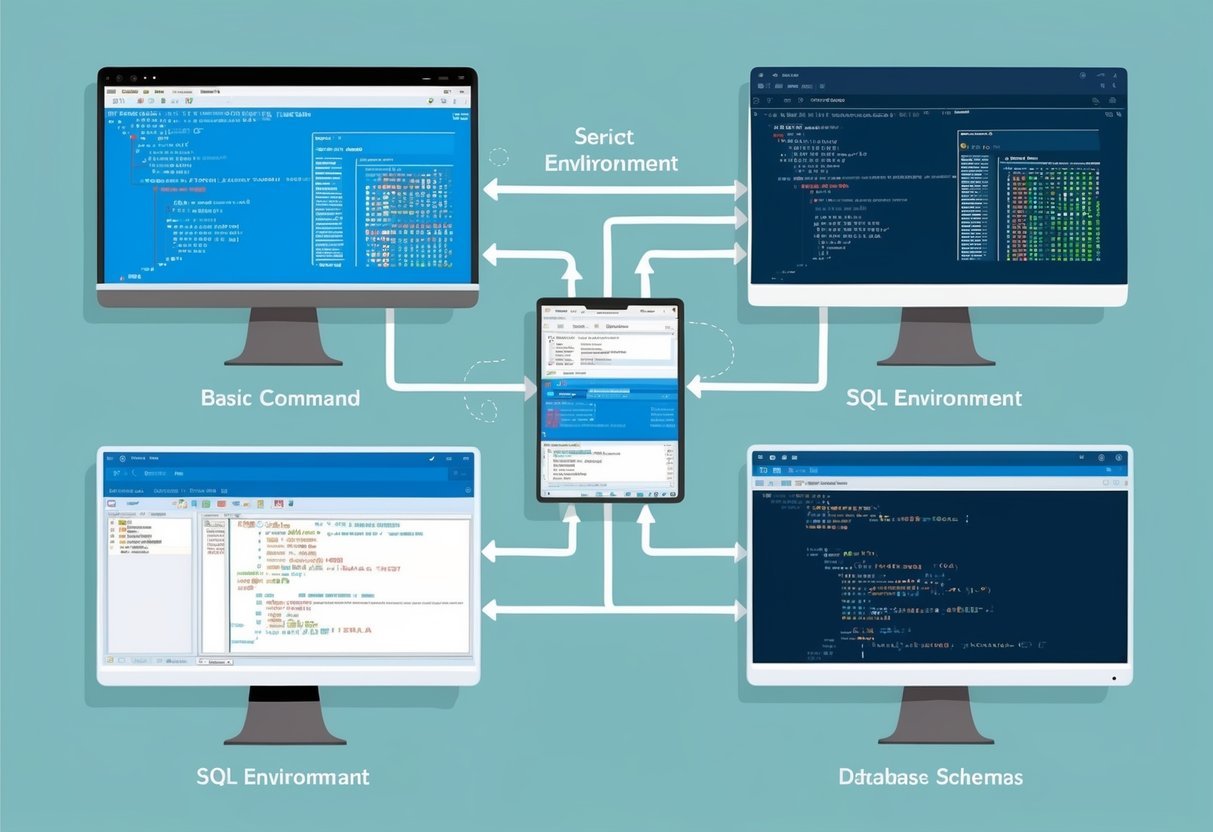 A series of interconnected computer screens, each displaying a different SQL environment. From basic command lines to complex database schemas