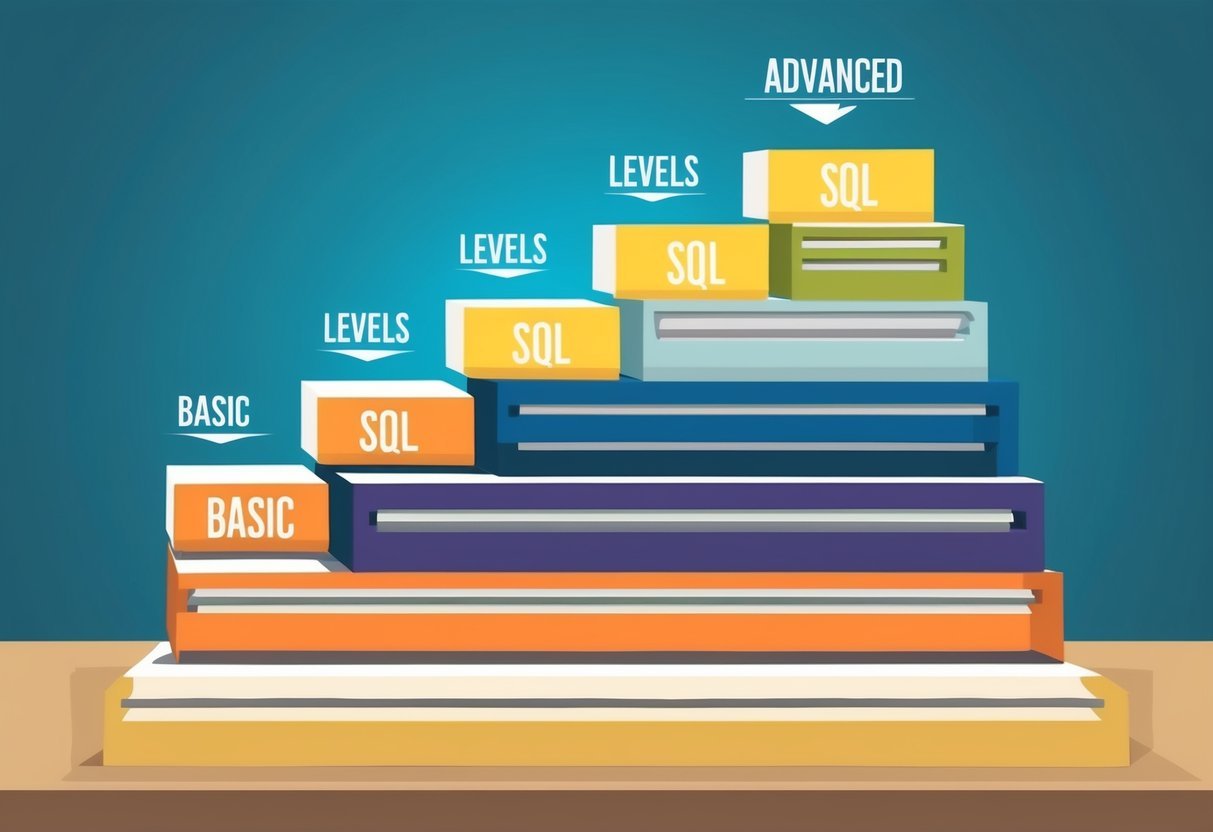 A series of levels, from basic to advanced, represented by ascending steps, symbolizing the progression of SQL skill levels in database management and administration