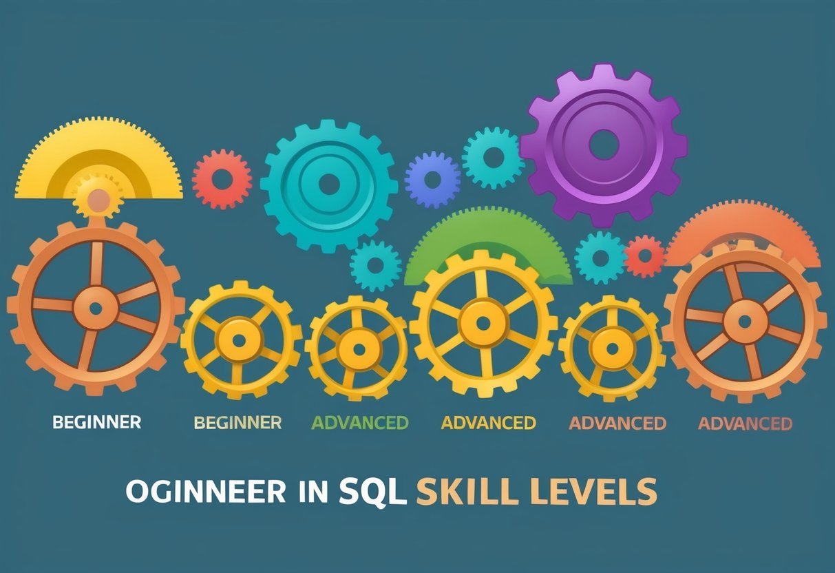 A series of interconnected gears of varying sizes, symbolizing the progression from beginner to advanced in SQL skill levels