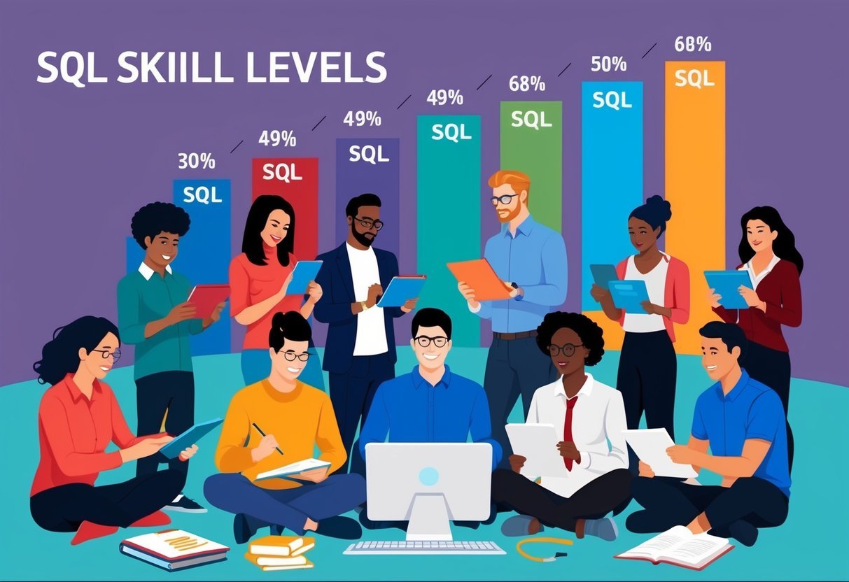 A group of diverse individuals engage in various learning activities, while a spectrum of SQL skill levels is displayed in the background