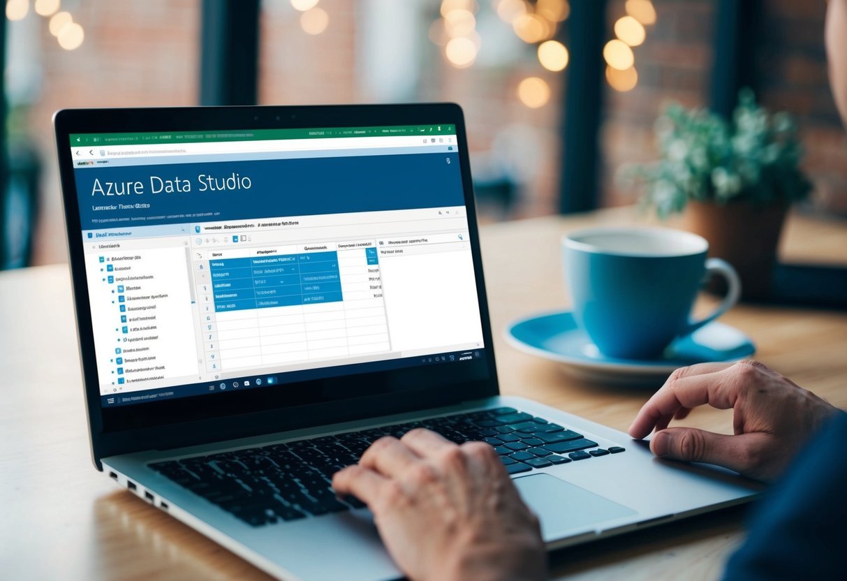 A laptop screen displaying Azure Data Studio with a table being exported, while a user navigates through frequently asked questions